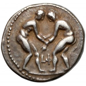 Pamphylia, Aspendos, AR Stater (370-333 BC) two wrestlers grappling / slinger with triskeles in field