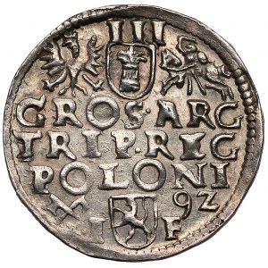 Zygmunt III Waza, Trojak Poznań 1592 - 9Z z prawej, wydłużona twarz