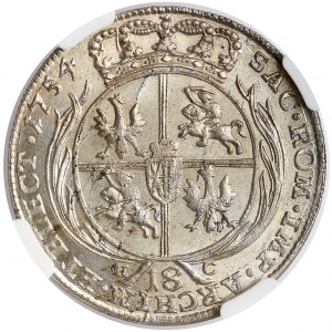 August III Sas, Ort Lipsk 1754 EC - owalny przekr. - NGC MS63