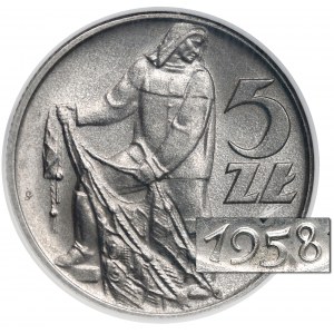 5 złotych 1958 Rybak - wąska ósemka - NGC MS64