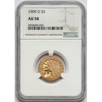 USA, 5 dolarów 1909-D, Denver - Indian Head - NGC AU58