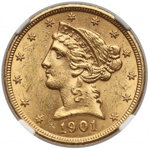 USA, 5 dolarów 1901-S, San Francisco - Coronet Head - NGC MS61