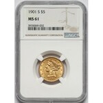 USA, 5 dolarów 1901-S, San Francisco - Coronet Head - NGC MS61