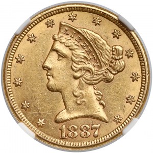 USA, 5 Dollars 1887-S, San Francisco - Coronet Head - NGC AU58