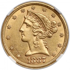 USA, 5 Dollar 1887-S, San Francisco - Coronet Head - NGC AU58