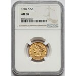 USA, 5 Dollars 1887-S, San Francisco - Coronet Head - NGC AU58