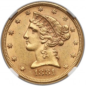 USA, 5 Dollars 1881, Philadelphia - Coronet Head - NGC MS61