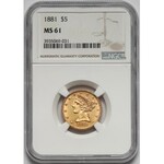 USA, 5 dolarów 1881, Filadelfia - Coronet Head - NGC MS61