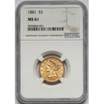 USA, 5 Dollars 1881, Philadelphia - Coronet Head - NGC MS61