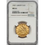 USA, 10 Dollars 1907, Philadelphia - Coronet Head - NGC MS61