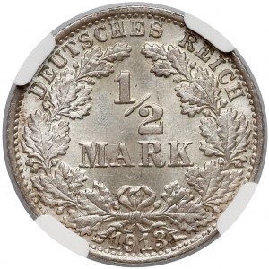 Niemcy, Wilhelm II, 1/2 marki 1913-F - piękna - NGC MS66 