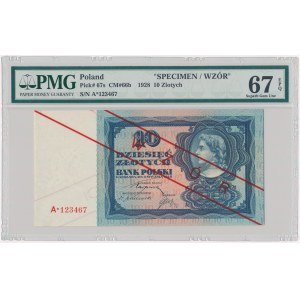 WZÓR 10 złotych 1928 - A★1234567 - bez perforacji - PMG 67 EPQ