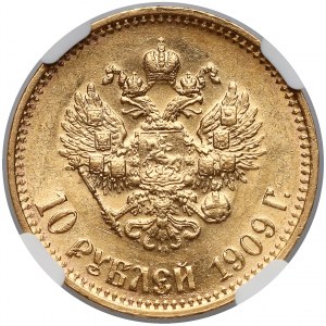Russia, Nicholas II, 10 Rubles 1909 ЭБ, Petersburg - NGC AU58