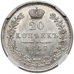 Russia, Nicholas I, 20 Kopecks 1847 СПБ - ПA, Petersburg - NGC MS62