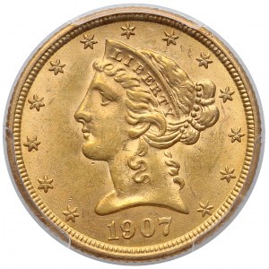 USA, 5 Dollars 1907, Philadelphia - Coronet Head - PCGS MS62