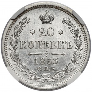 Rosja, Aleksander II, 20 kopiejek 1863 СПБ - АБ, Petersburg - NGC UNC