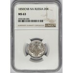 Russia, Nicholas I, 20 kopiejek 1850 СПБ - ПА, Petersburg - NGC MS63