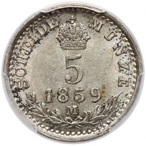 Austria, Franciszek Józef I, 5 krajcarów 1859-M, Mediolan - PCGS AU58