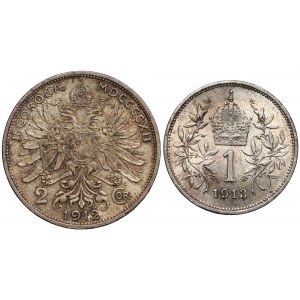 Austria, Franz Joseph I of Austria, 1 & 2 Corona 1912-1913 - set (2pcs)