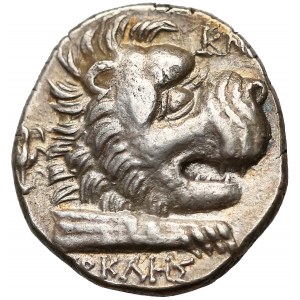 Caria, Knidos, AR Didrachm (190-167 BC) - Helios head / forepart of lion, flower behind