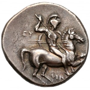 Calabria, Tarentum, Didrachm (281-272 BC) Warrior on herseback / Phalanthos astride dolphin, with trident, over prow