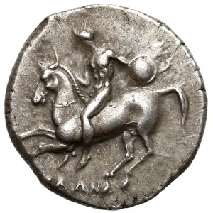 Calabria, Tarentum, Nomos (281-272 BC) Warrior with shield on horseback / Taras seated on dolphin, Nike and waves