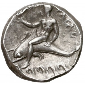 Calabria, Tarentum, Nomos (281-272 BC) Warrior with shield on horseback / Taras seated on dolphin, Nike and waves