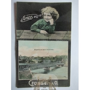 Krosno Odrzańskie, Crossen, most, kolaż, dziecko, 1905