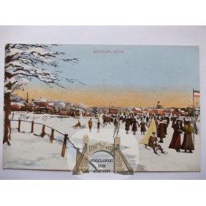 Ostróda, Osterode, zimowa panorama, sporty zimowe, łyżwy, kolaż, ok. 1910