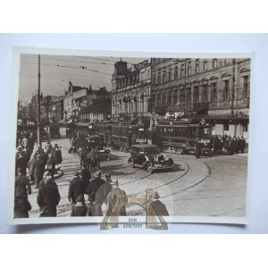 Warsaw, Marszalkowska Street, streetcars, photo by Poddębski, Atlas Bookstore, 1938