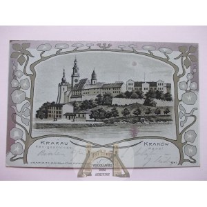 Kraków, Wawel, litografia, winieta - secesja, srebrzona 1901