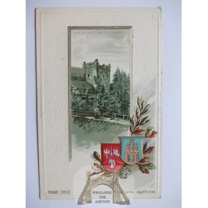 Nowy Sącz, litografia, tłoczona, herb, pogoń, patriotyczna, zamek, ok. 1900