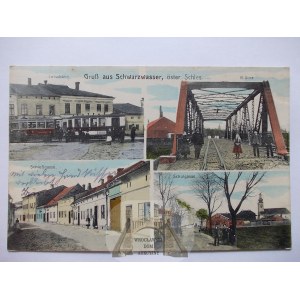 Strumień, Schwarzwasser k. Cieszym, most, ulica, kolej wąskotorowa, 1911