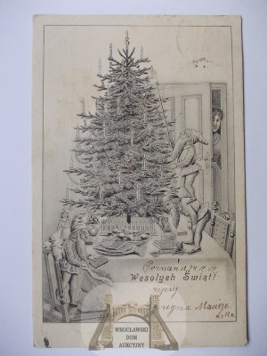Świąteczna, Wesołych Świąt, choinka, krasnale, 1902