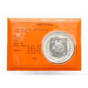 III RP, 10 zlotých II RP s kontramarkou na pamiatku 6. návštevy Jána Pavla II. v Poľsku