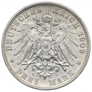 Germany, Württemberg, Wilhelm II, 3 marks 1909 F Stuttgart