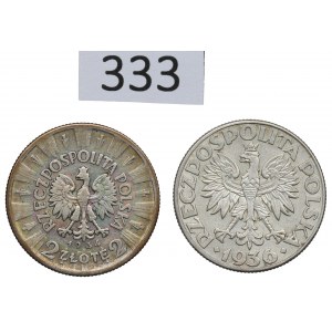 II RP, sada 2 zlatých z roku 1934 Pilsudski a 2 zlatých z roku 1936 Plachetnica