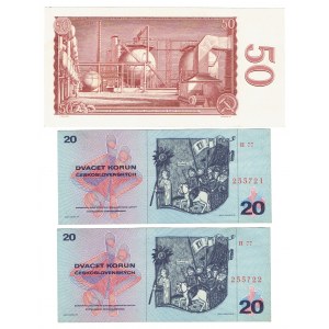 Tschechoslowakei, Satz von 2 x 20 Kronen 1970, 50 Kronen 1964