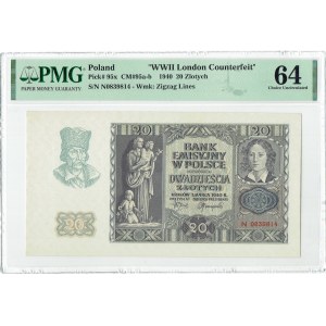 GG, 20 gold 1940 - rarer series N - WWII London Counterfeit - PMG 64