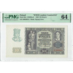 GG, 20 złotych 1940 - rzadsza seria N - WWII London Counterfeit - PMG 64