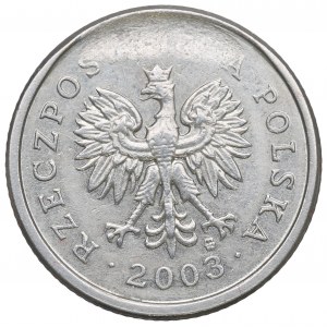 III RP, 20 groszy 2003 - destrukt jasné odlupovanie známky