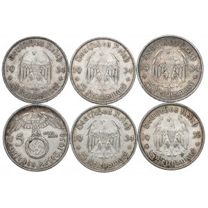 Germany, Third Reich, Set of 5 marks 1934-36