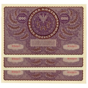 II RP, ZeZestaw 1000 marek polskich 1919 II seria G - 3 egzemplarze z jednej paczki