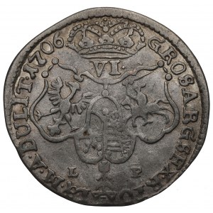 August II Silný, šesťpence 1706 LP, Moskva - vzácnosť nepopísaného variantu Ľudový výkrik
