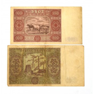 PRL, Zestaw 100 i 1000 złotych 1947 - 2 egzemplarze