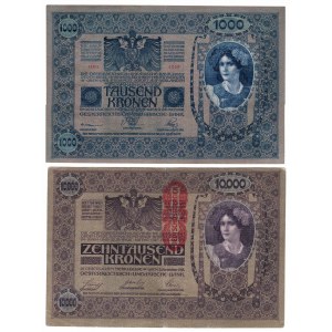 Rakousko, sada 1 000 korun 1902, 10 000 korun 1918 (2 kusy)