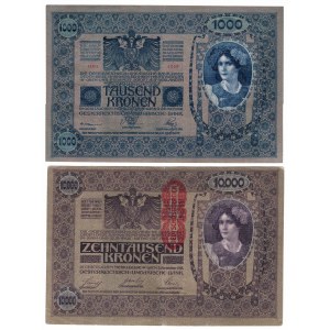 Austria, zestaw 1000 koron 1902, 10.000 koron 1918 (2 szt)