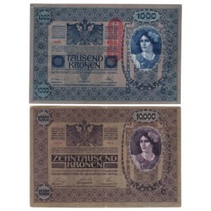 Rakousko, sada 1 000 korun 1902, 10 000 korun 1918 (2 kusy)