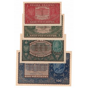 II RP, Zestaw 1, 5, 10, 100 marek polskich 1919 zestaw 4 egzemplarze