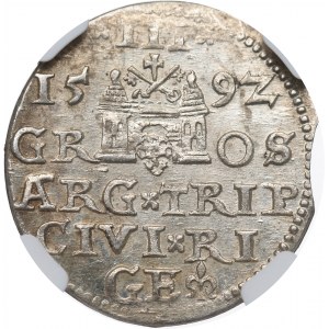 Sigismund III. Vasa, Trojak 1592, Riga - NGC MS64